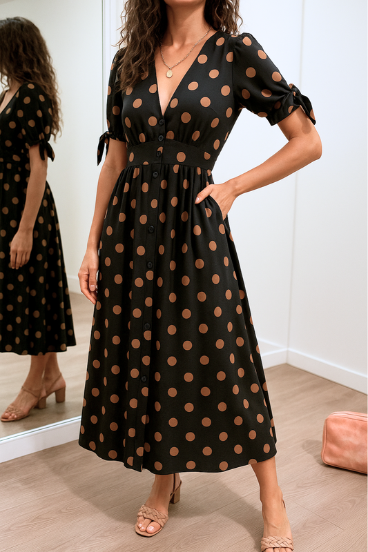 Tavinea – Polka Dot V-Neck Midi Dress