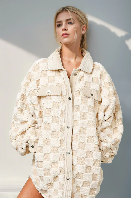 Maddie Button Up Fuzzy Checkered Jacket