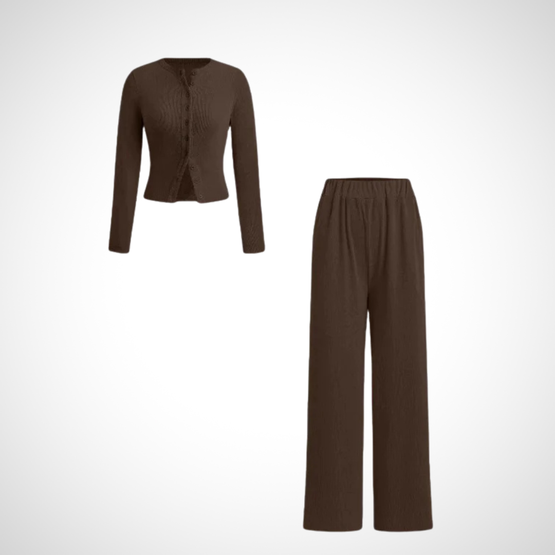 Vivienne – Comfy Button Front Long Sleeve Top and Pants Set