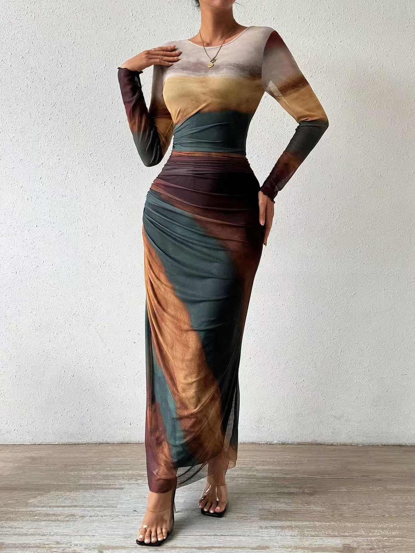 Camille – Comfy Printed Long Sleeve Round Neck Bodycon Maxi Dress