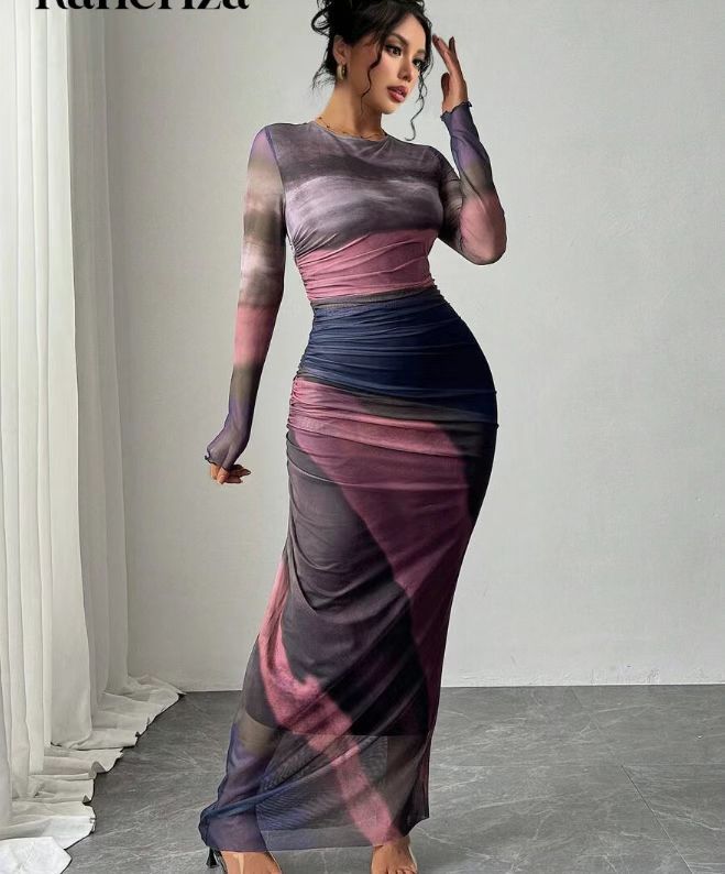 Camille – Comfy Printed Long Sleeve Round Neck Bodycon Maxi Dress