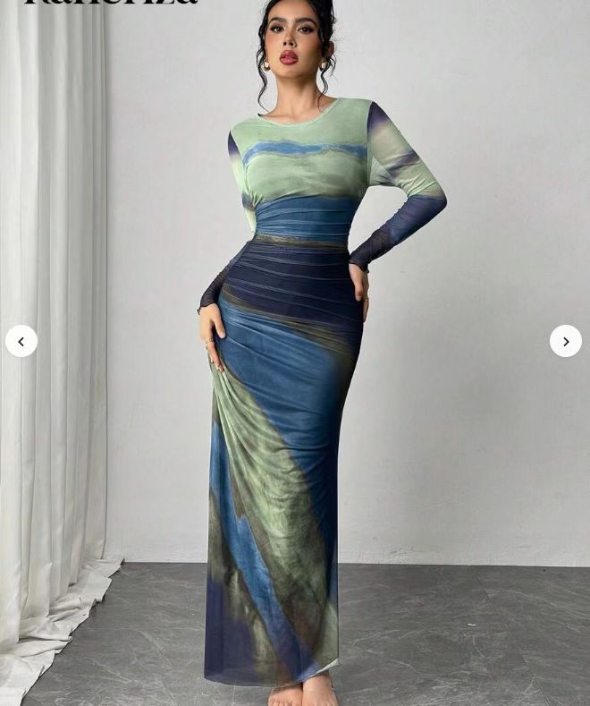 Camille – Comfy Printed Long Sleeve Round Neck Bodycon Maxi Dress