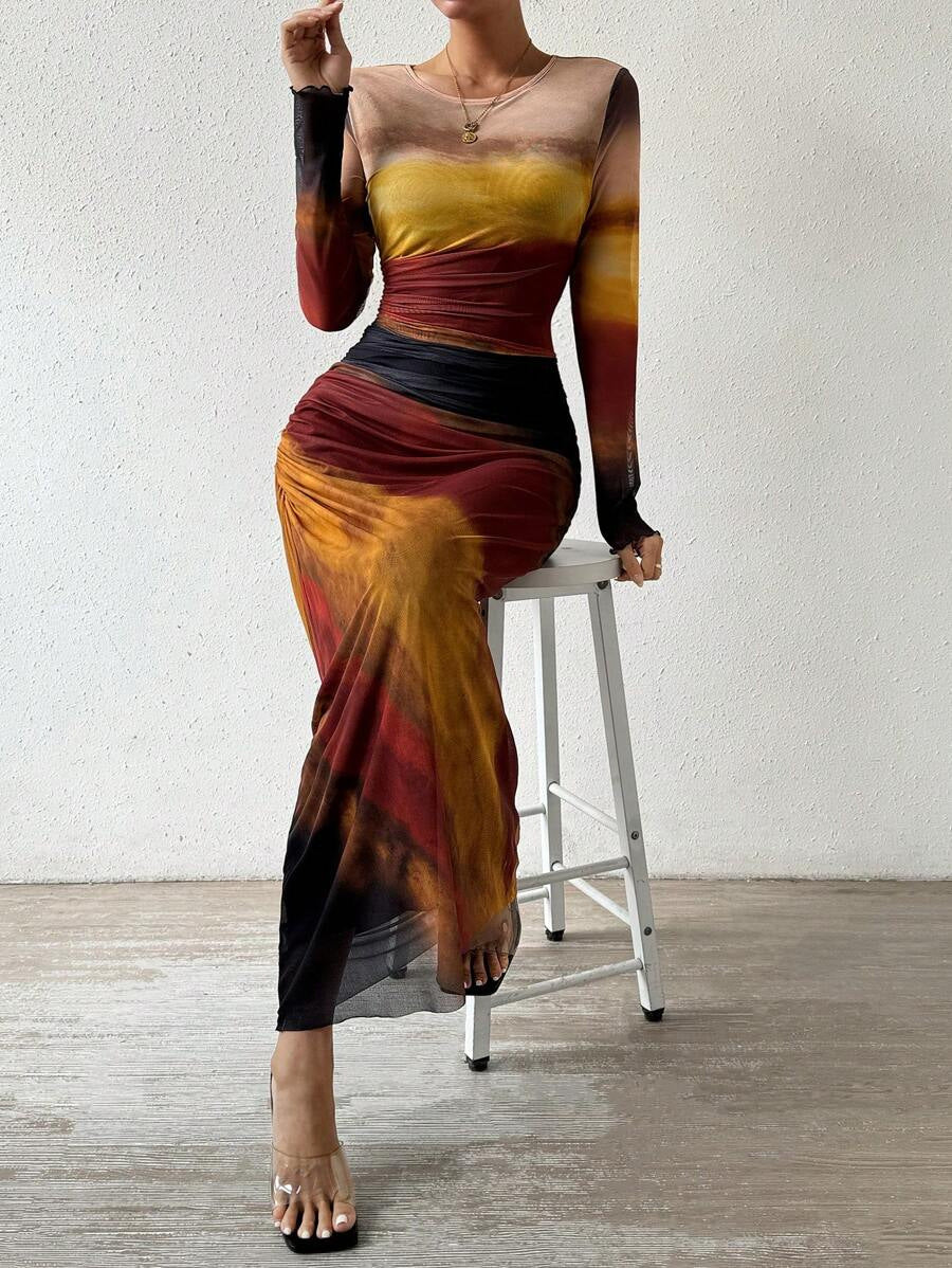 Camille – Comfy Printed Long Sleeve Round Neck Bodycon Maxi Dress