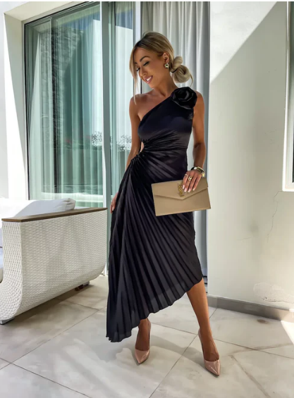 Elizabeth One Shoulder Pleated Dress