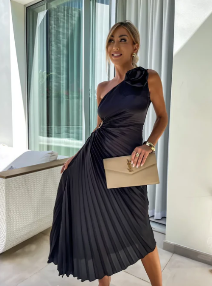 Elizabeth One Shoulder Pleated Dress