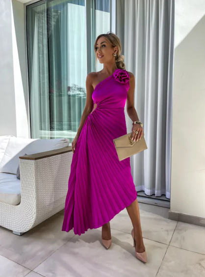 Elizabeth One Shoulder Pleated Dress