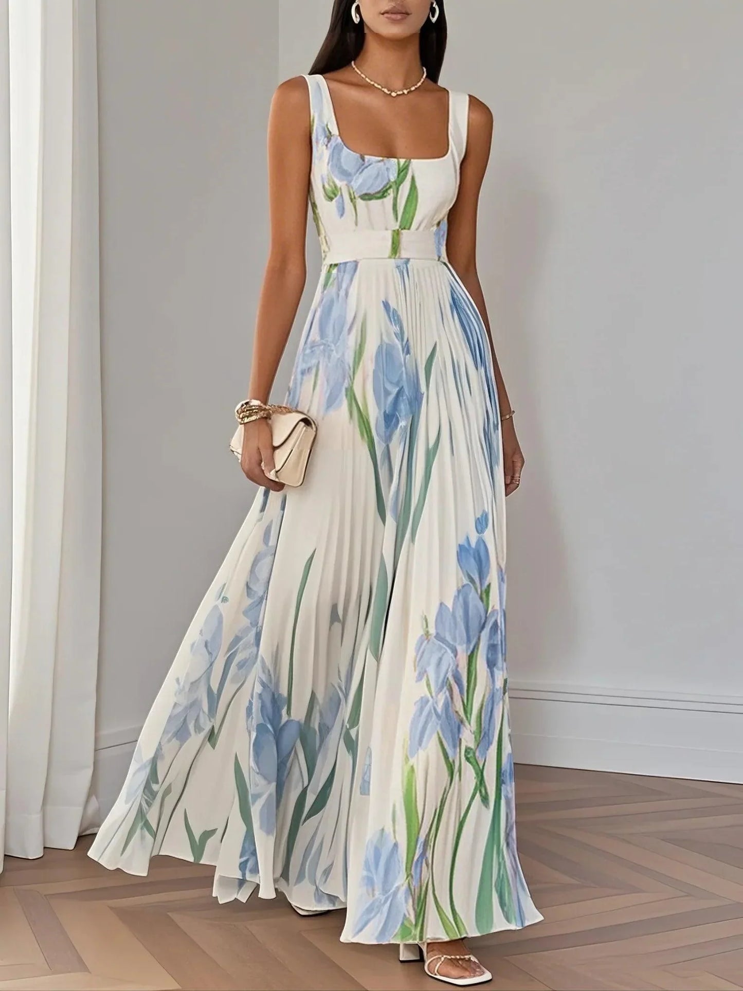 Isalda – White Floral Pleated Chiffon Maxi Dress
