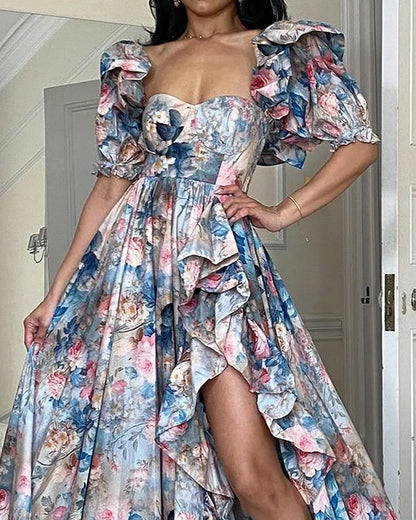 Celeste | Elegant Garden Print Slit Dress