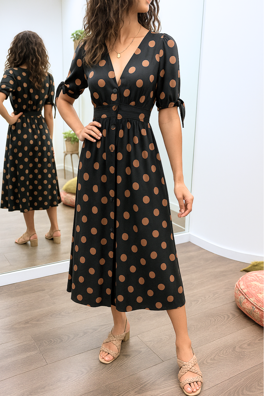 Tavinea – Polka Dot V-Neck Midi Dress