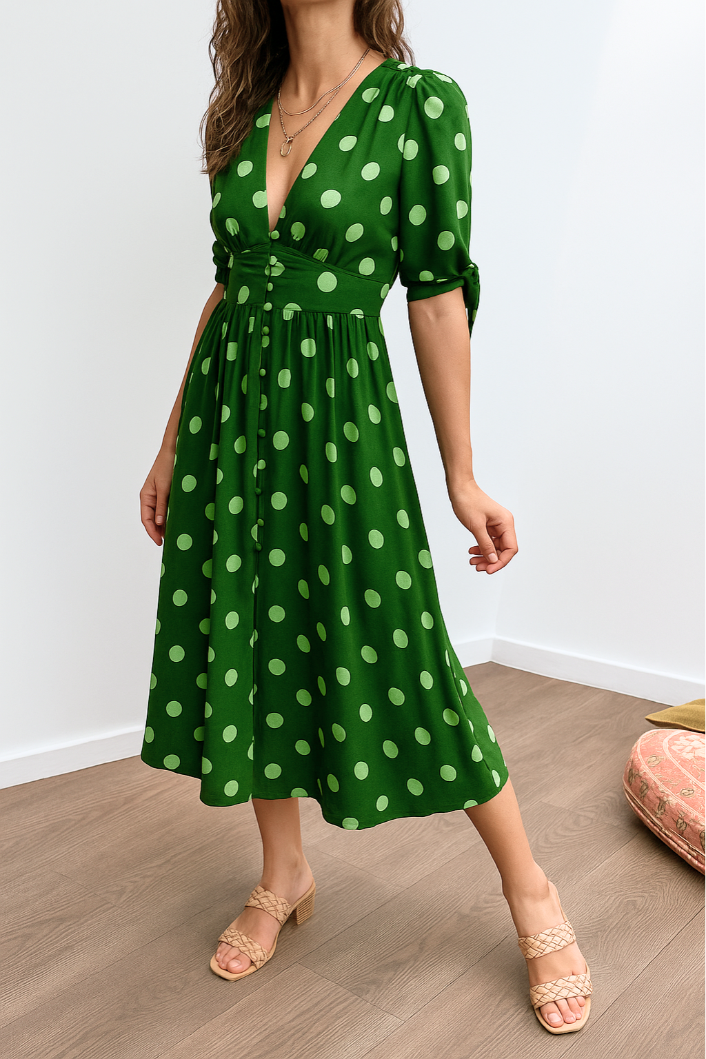 Tavinea – Polka Dot V-Neck Midi Dress