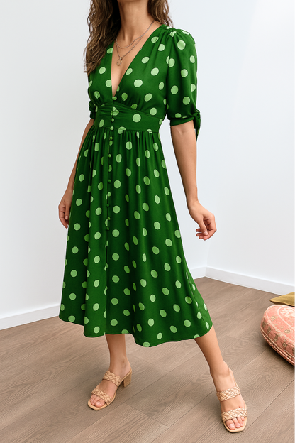 Tavinea – Polka Dot V-Neck Midi Dress