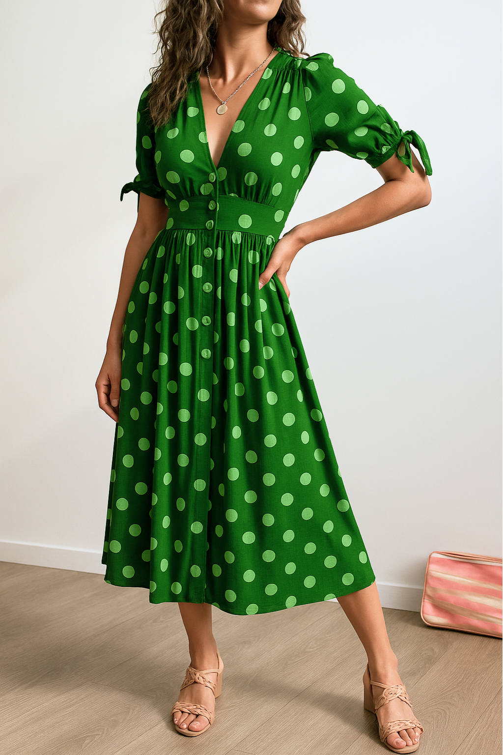 Tavinea – Polka Dot V-Neck Midi Dress