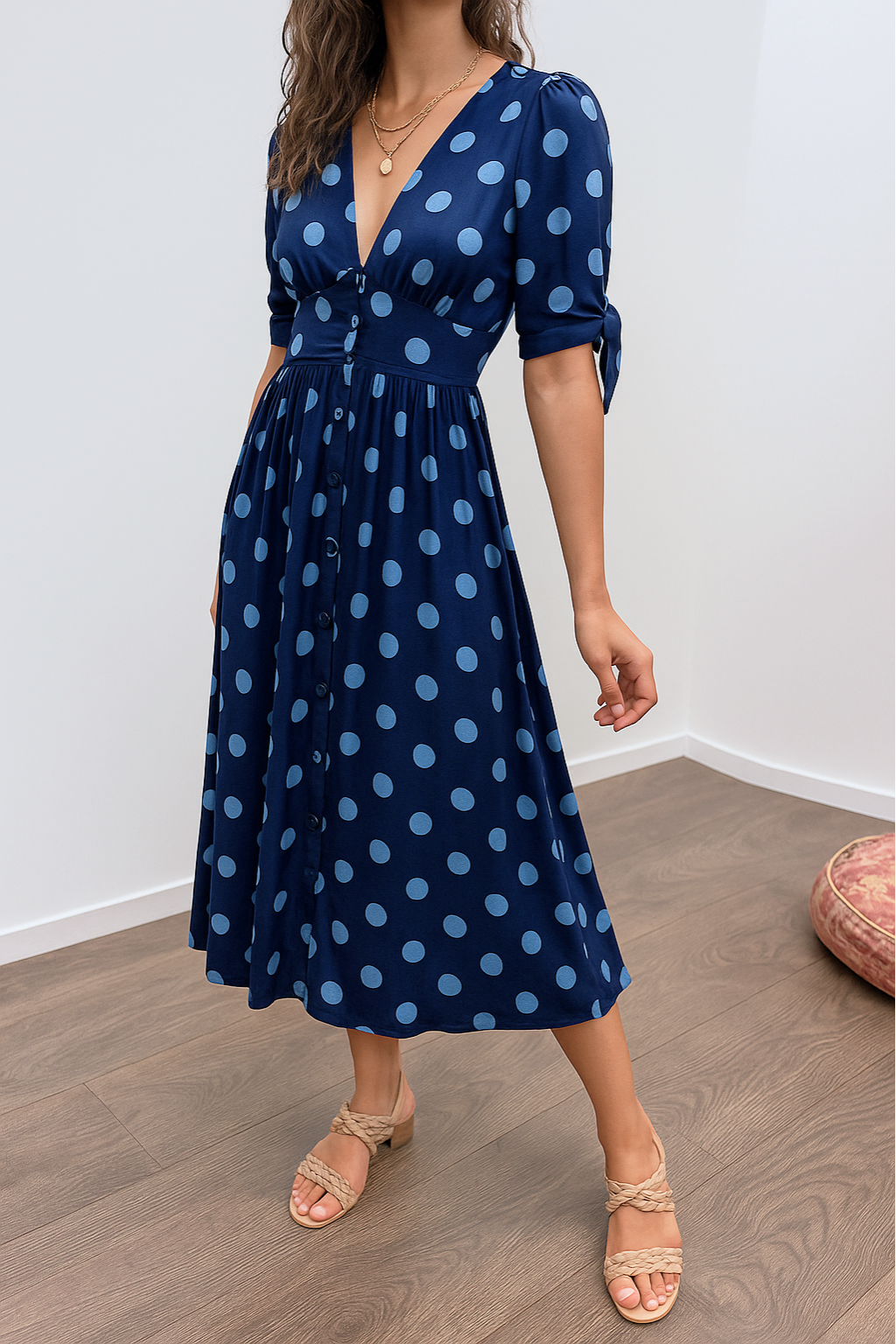 Tavinea – Polka Dot V-Neck Midi Dress