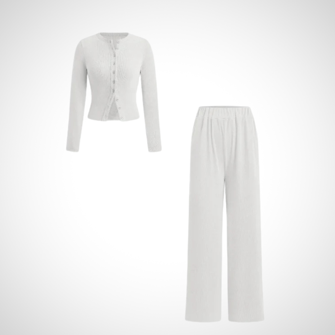 Vivienne – Comfy Button Front Long Sleeve Top and Pants Set