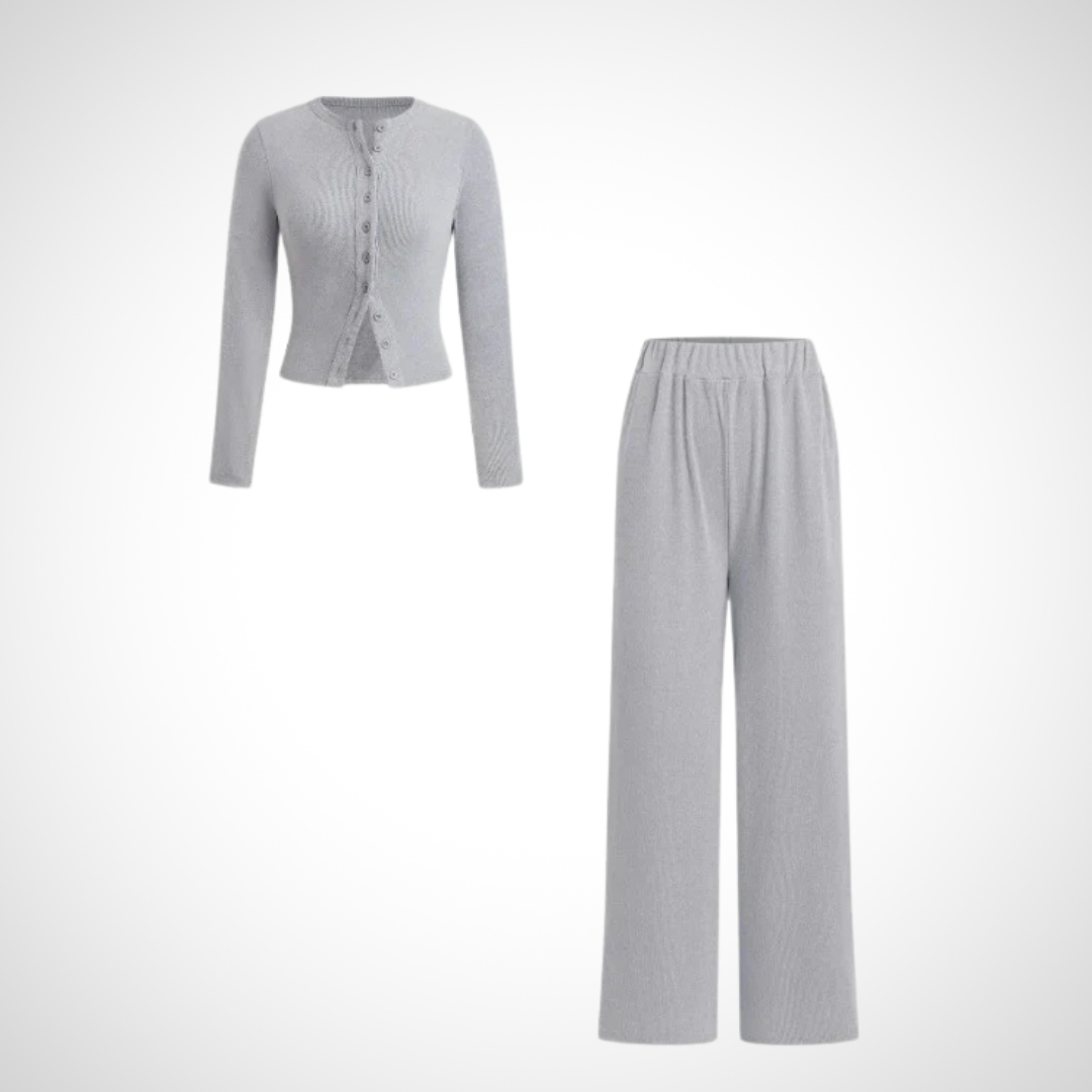 Vivienne – Comfy Button Front Long Sleeve Top and Pants Set