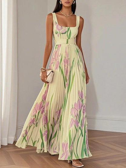 Isalda – White Floral Pleated Chiffon Maxi Dress