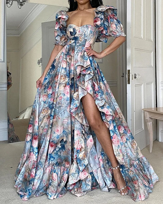 Celeste | Elegant Garden Print Slit Dress