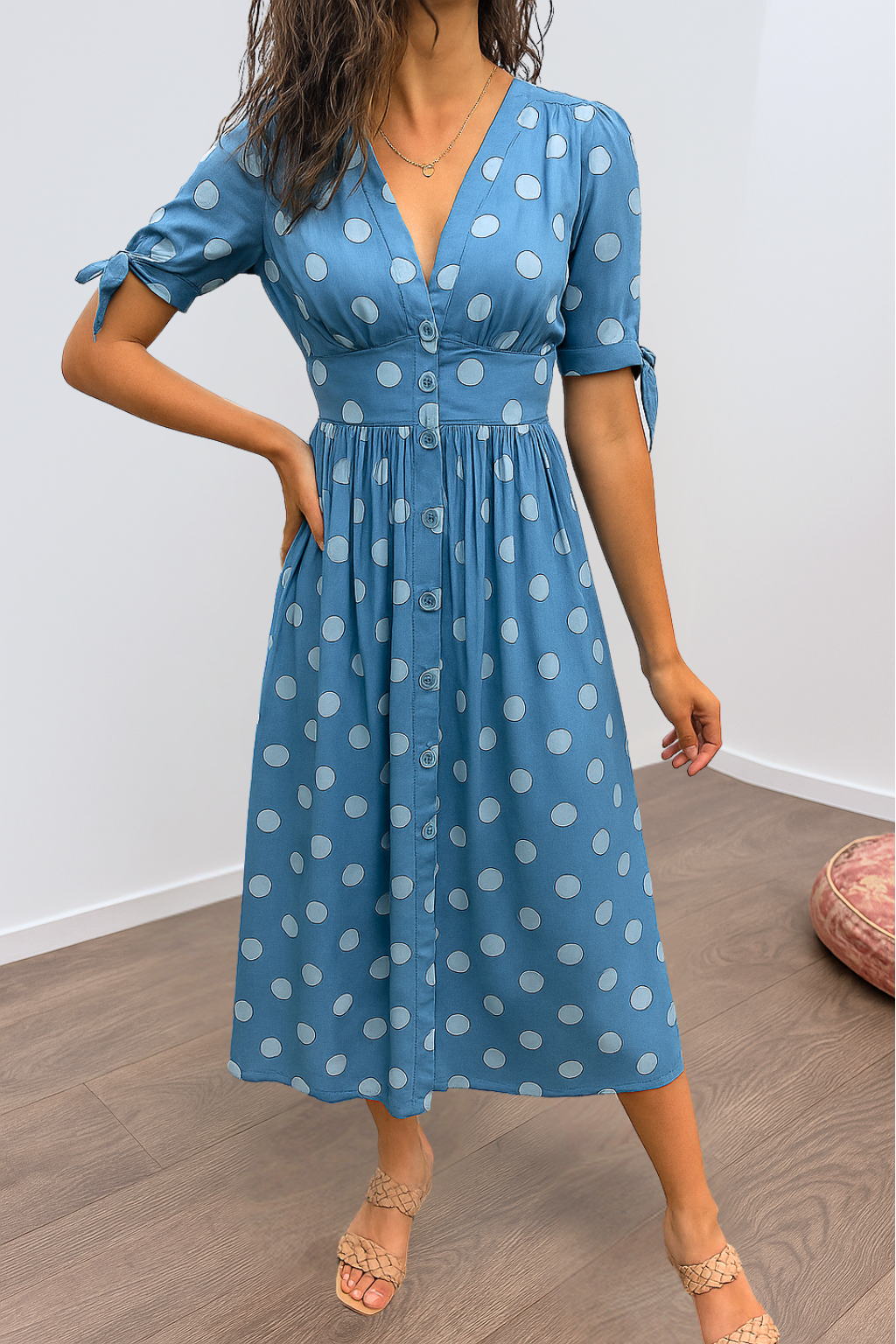 Tavinea – Polka Dot V-Neck Midi Dress