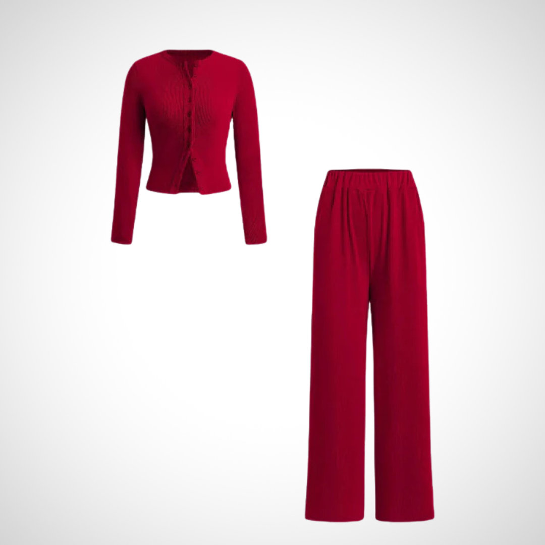 Vivienne – Comfy Button Front Long Sleeve Top and Pants Set