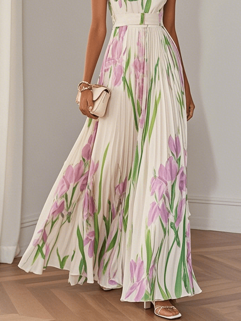 Isalda – White Floral Pleated Chiffon Maxi Dress