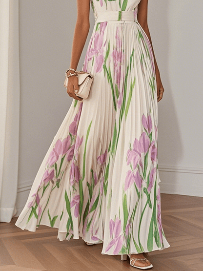 Isalda – White Floral Pleated Chiffon Maxi Dress
