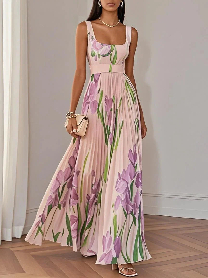 Isalda – White Floral Pleated Chiffon Maxi Dress