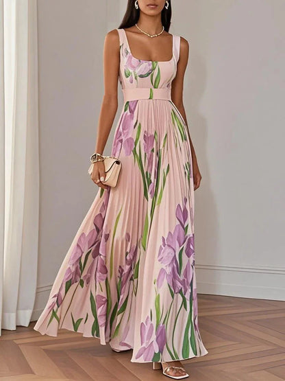 Isalda – White Floral Pleated Chiffon Maxi Dress