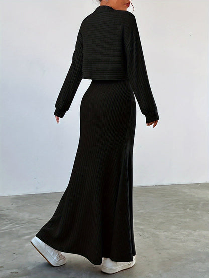 Elara™ | Ribbed Long Sleeve & Skirt Set