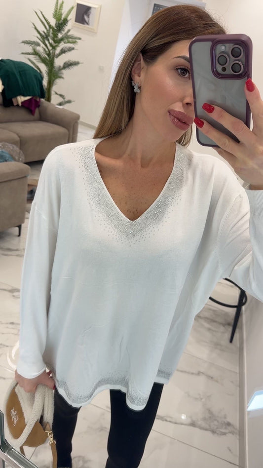 Addison | Women’s V-Neck Sparkly Trim Sweater