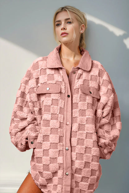 Maddie Button Up Fuzzy Checkered Jacket