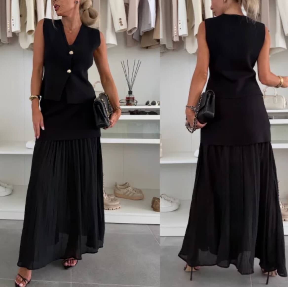 Elena Monroe | Asymmetric Vest &amp; Pleated Maxi Skirt Set