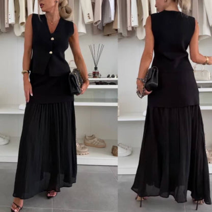Elena Monroe | Asymmetric Vest &amp; Pleated Maxi Skirt Set