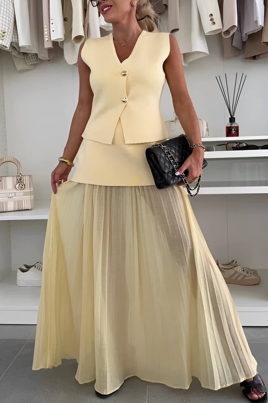 Elena Monroe | Asymmetric Vest &amp; Pleated Maxi Skirt Set