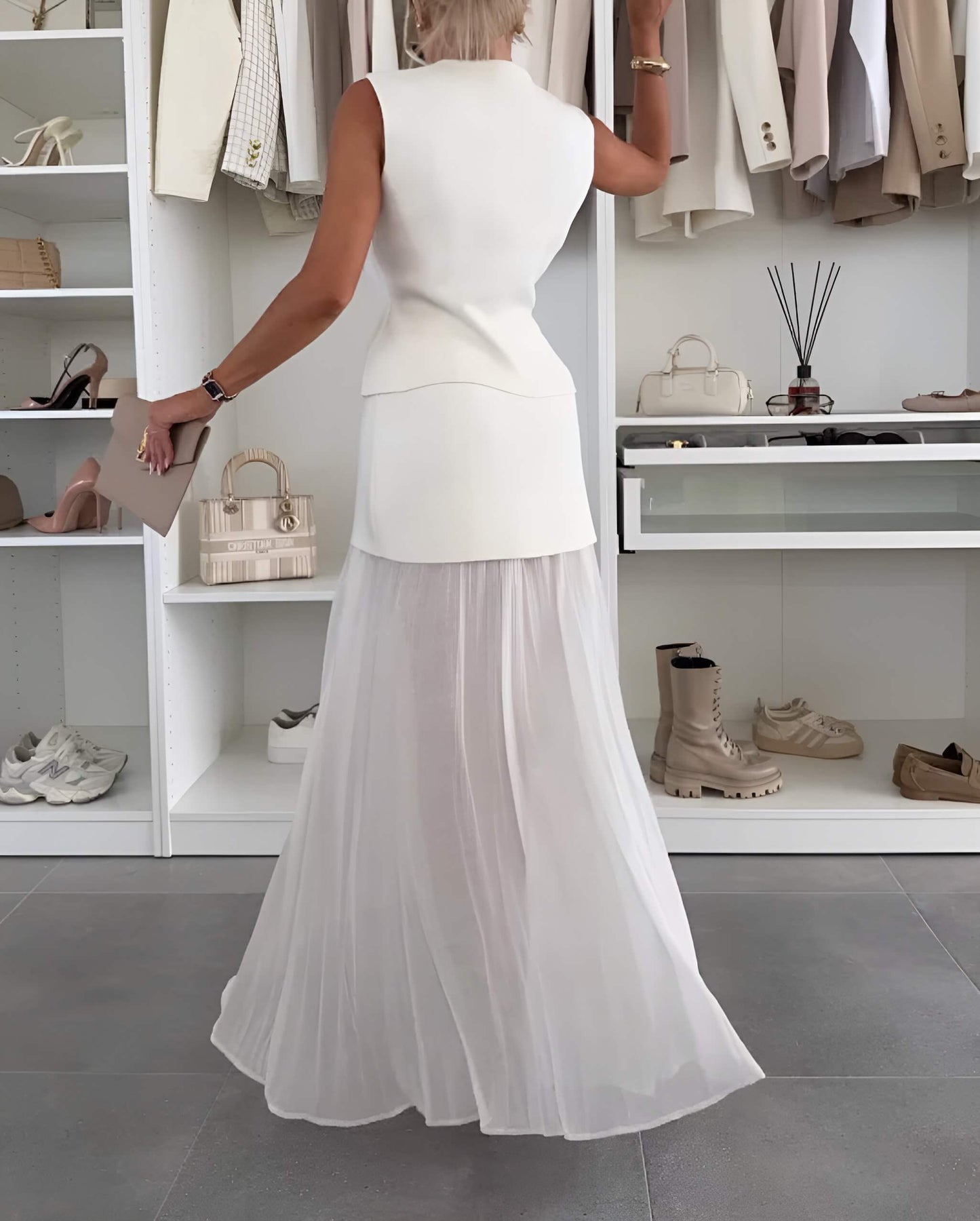 Elena Monroe | Asymmetric Vest &amp; Pleated Maxi Skirt Set