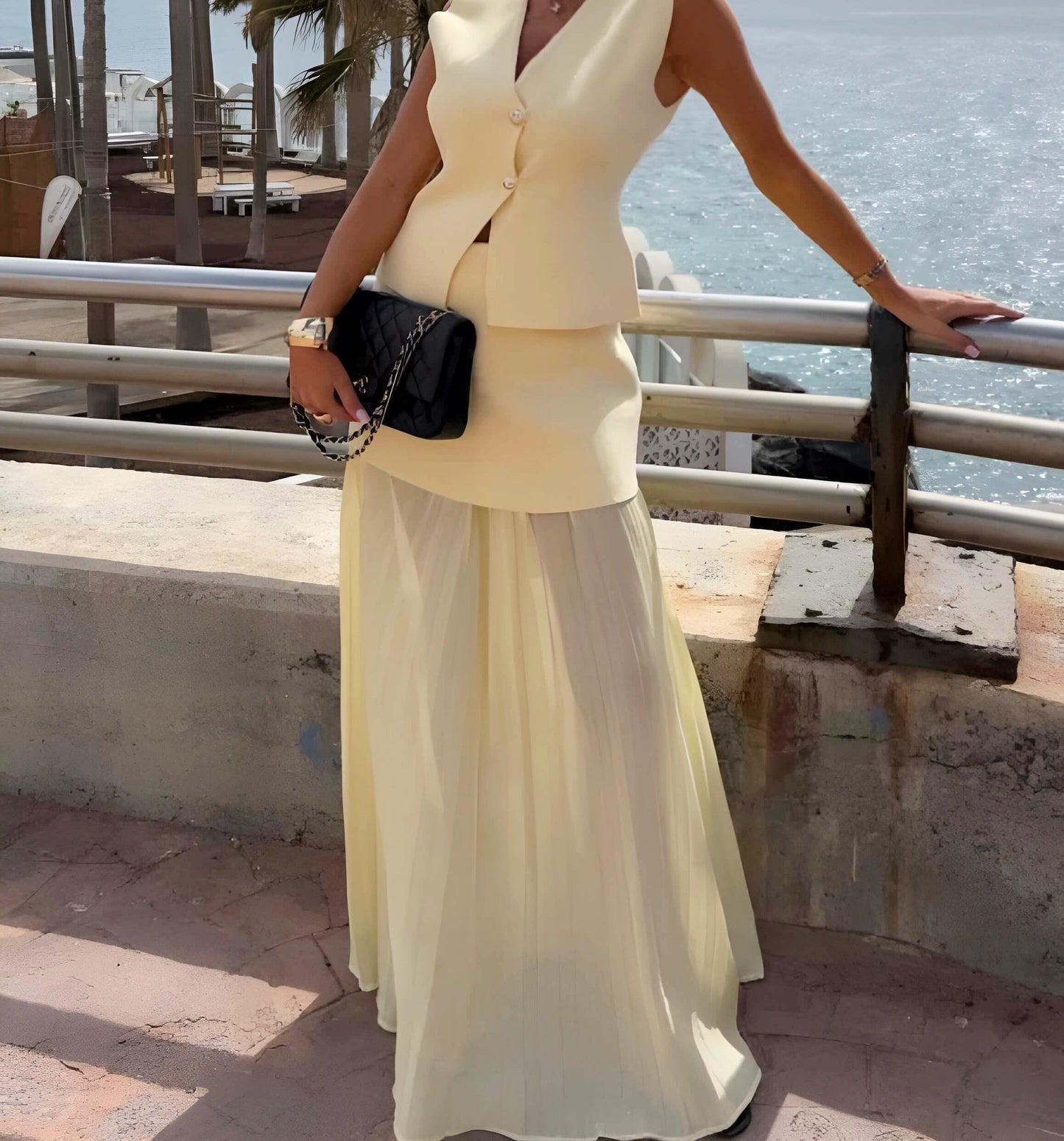 Elena Monroe | Asymmetric Vest &amp; Pleated Maxi Skirt Set