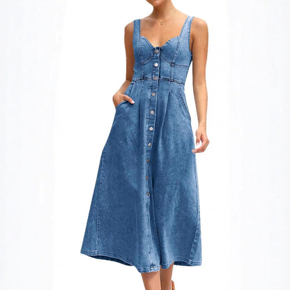 Jasira – Sleeveless Button-Front Denim Dress
