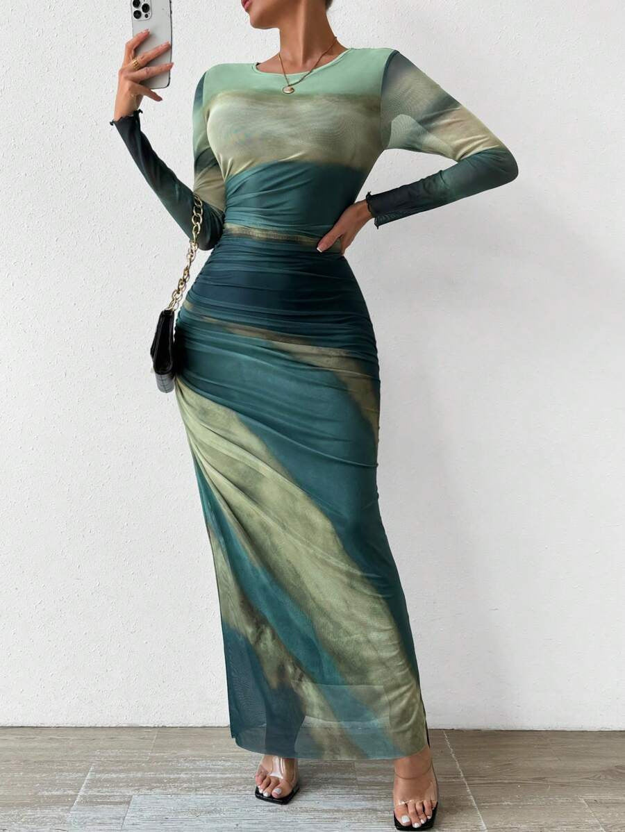 Camille – Comfy Printed Long Sleeve Round Neck Bodycon Maxi Dress