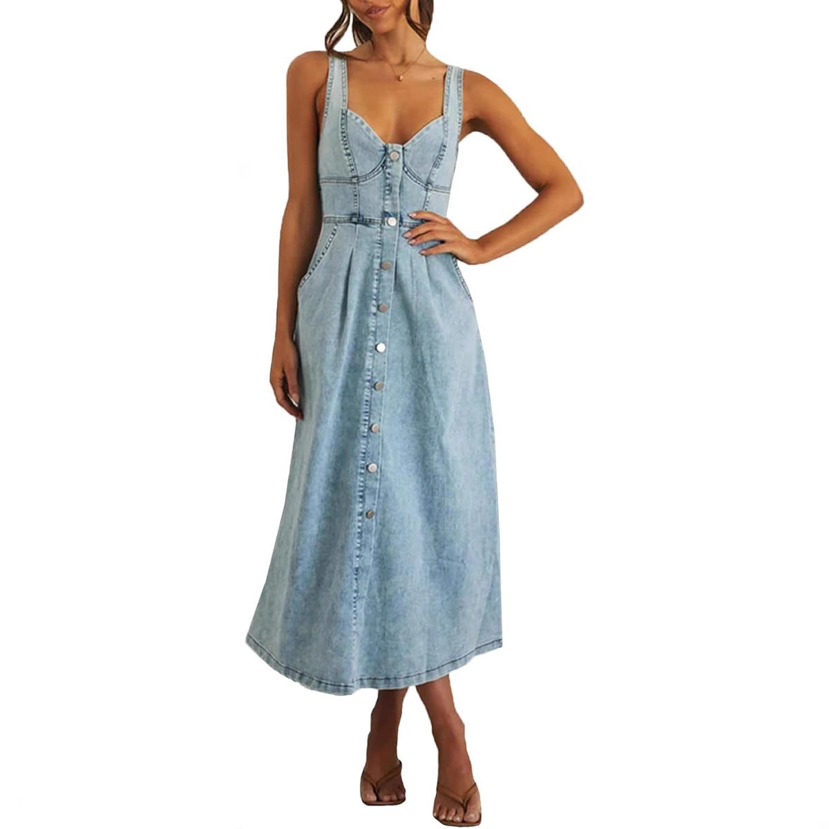 Jasira – Sleeveless Button-Front Denim Dress