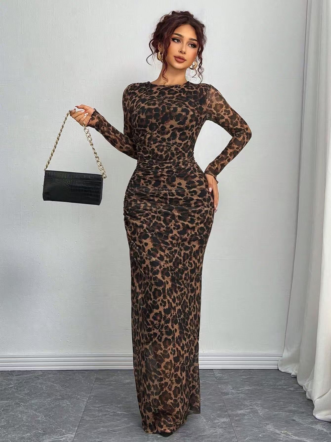 Camille – Comfy Printed Long Sleeve Round Neck Bodycon Maxi Dress