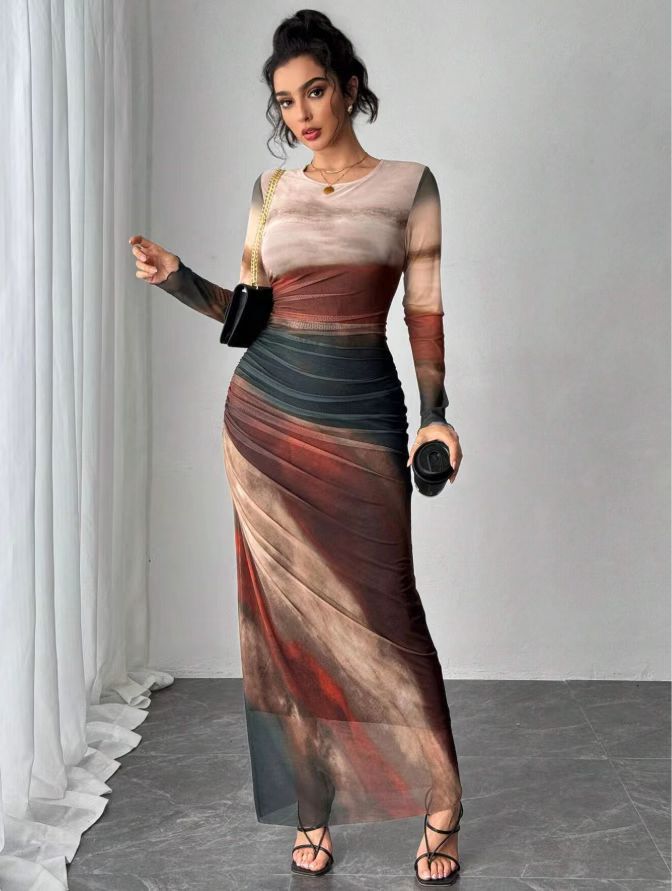 Camille – Comfy Printed Long Sleeve Round Neck Bodycon Maxi Dress