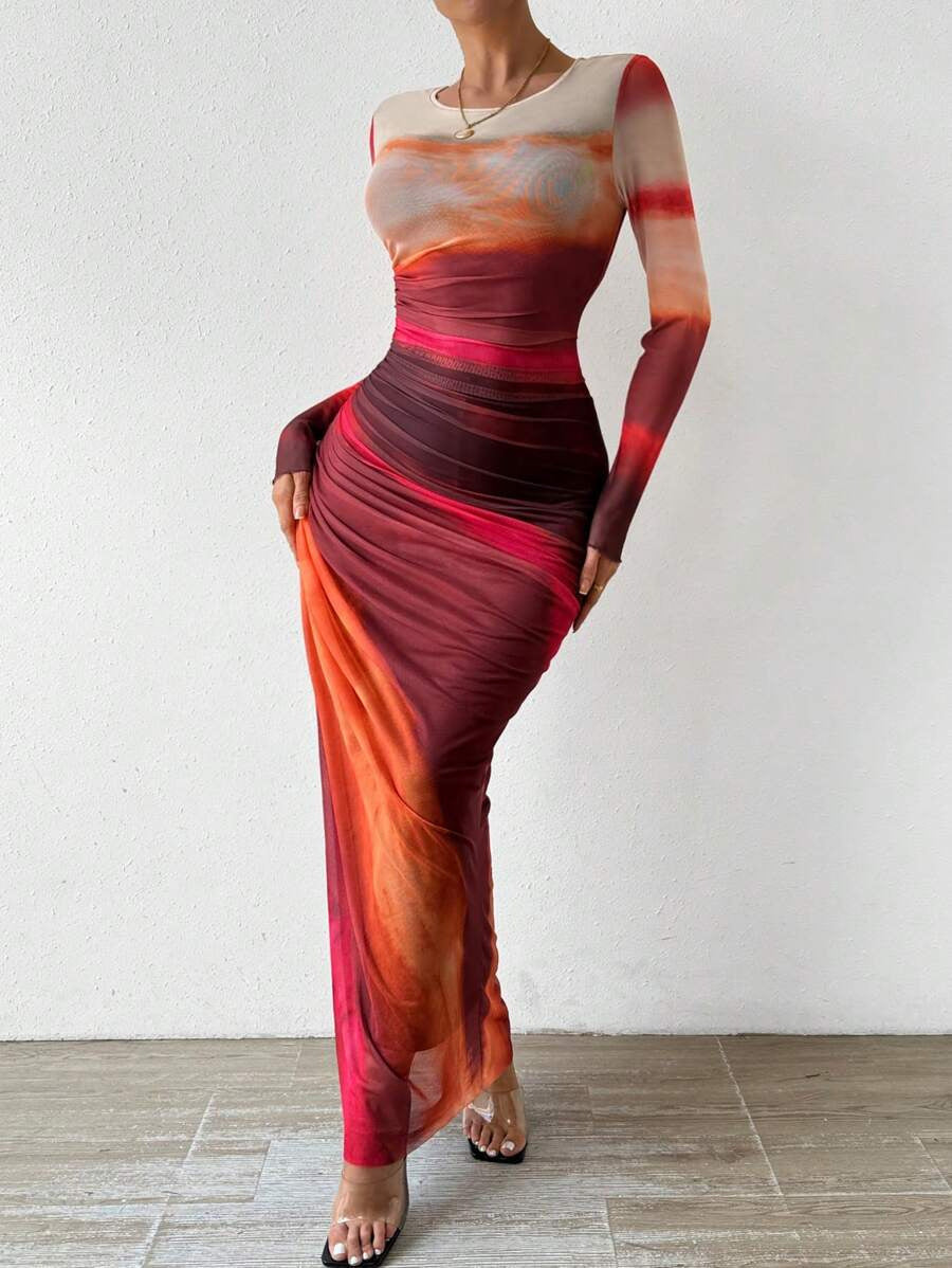 Camille – Comfy Printed Long Sleeve Round Neck Bodycon Maxi Dress