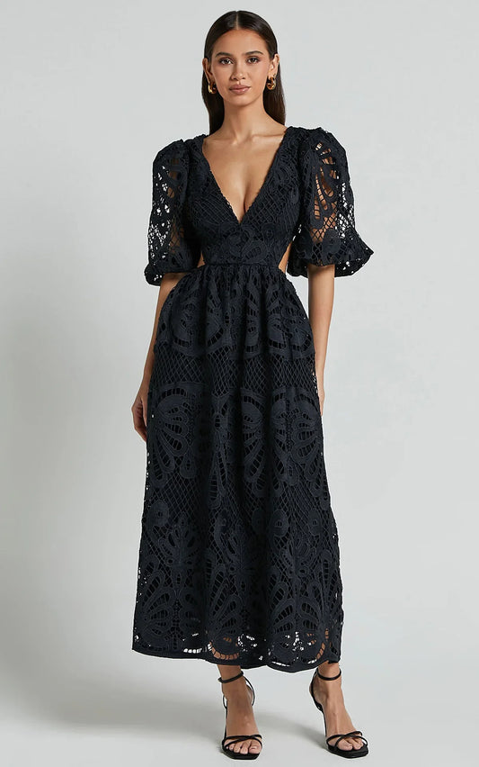 Isabella – Lace V-Neck Cut-Out Midi Dress