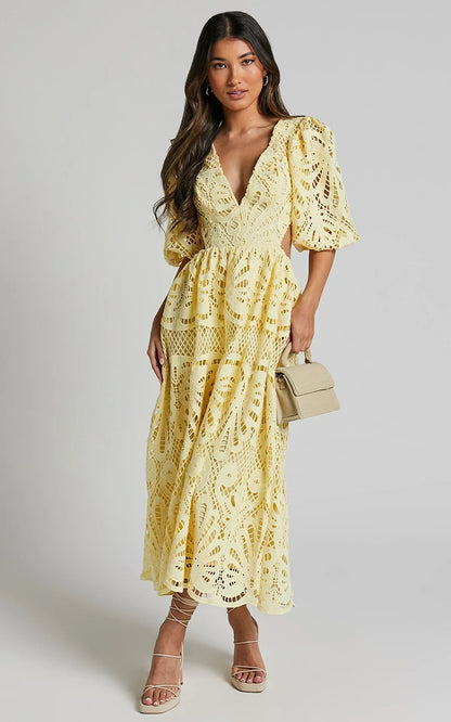 Isabella – Lace V-Neck Cut-Out Midi Dress