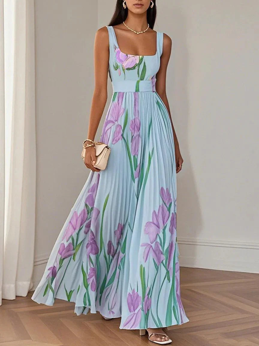 Isalda – White Floral Pleated Chiffon Maxi Dress