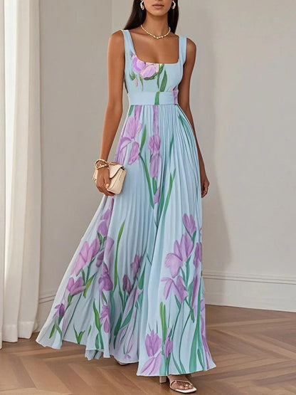 Isalda – White Floral Pleated Chiffon Maxi Dress