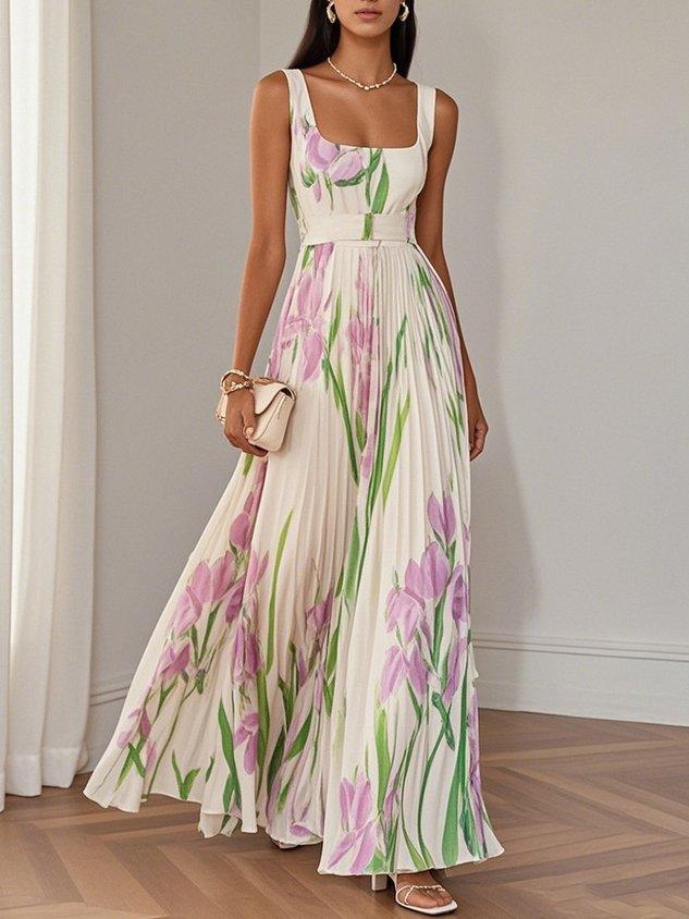 Isalda – White Floral Pleated Chiffon Maxi Dress