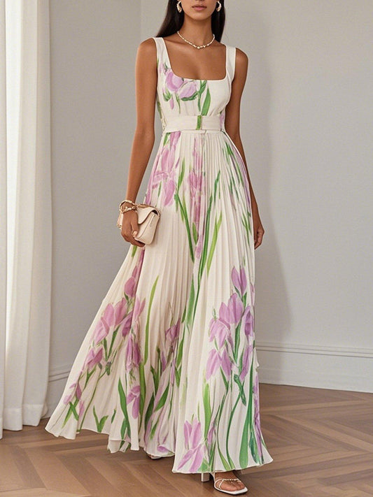 Isalda – White Floral Pleated Chiffon Maxi Dress