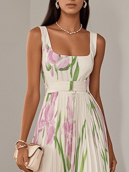 Isalda – White Floral Pleated Chiffon Maxi Dress