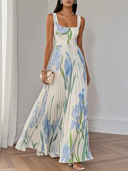 Isalda – White Floral Pleated Chiffon Maxi Dress
