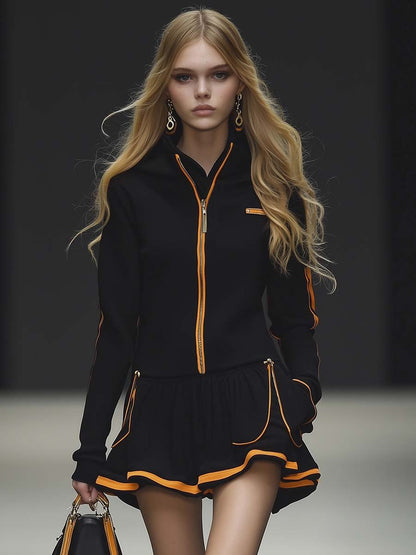Andrea | Zip-Up Skirt Dress in Black & Orange